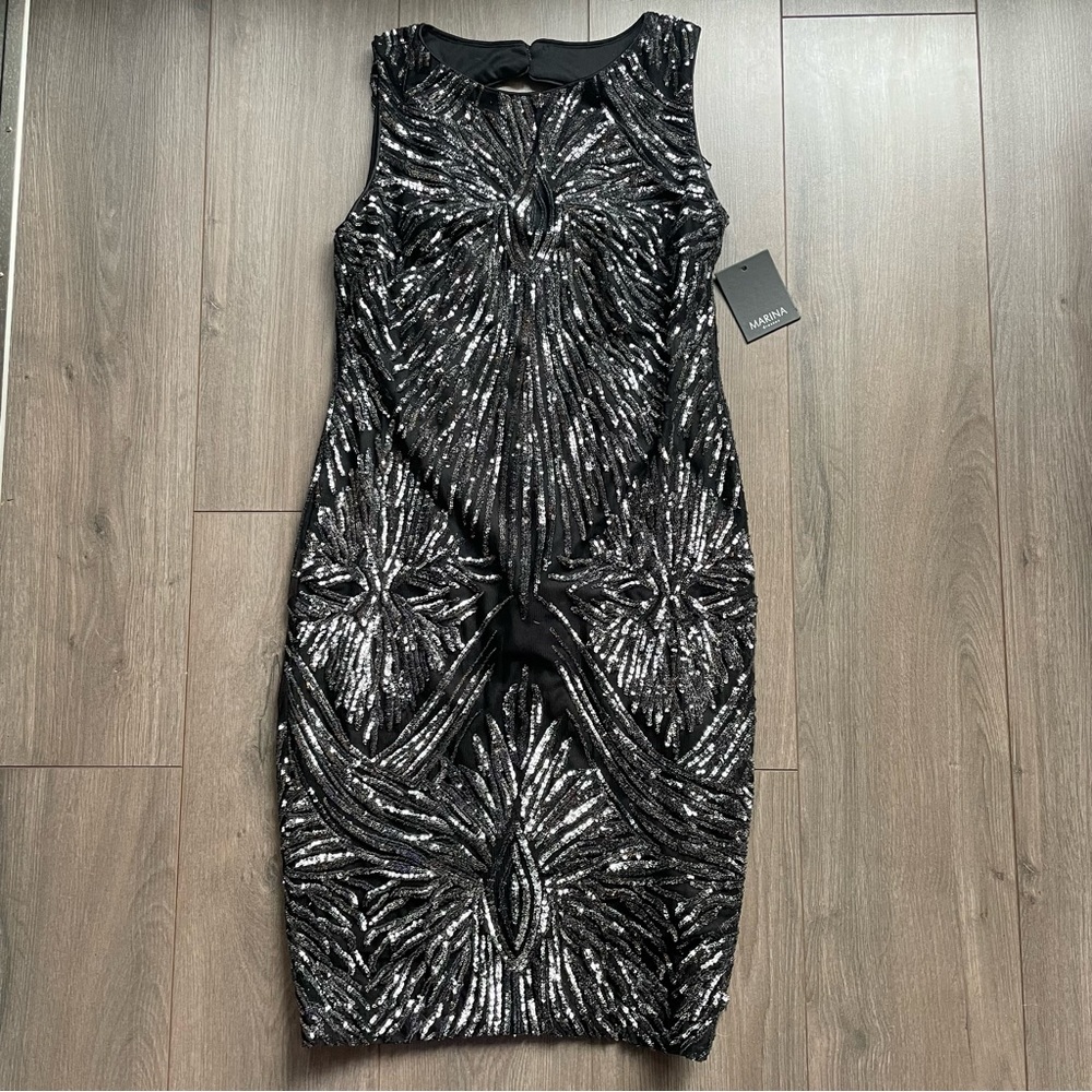 NWT MARINA Midi Sequin Party Dress Black and Silver